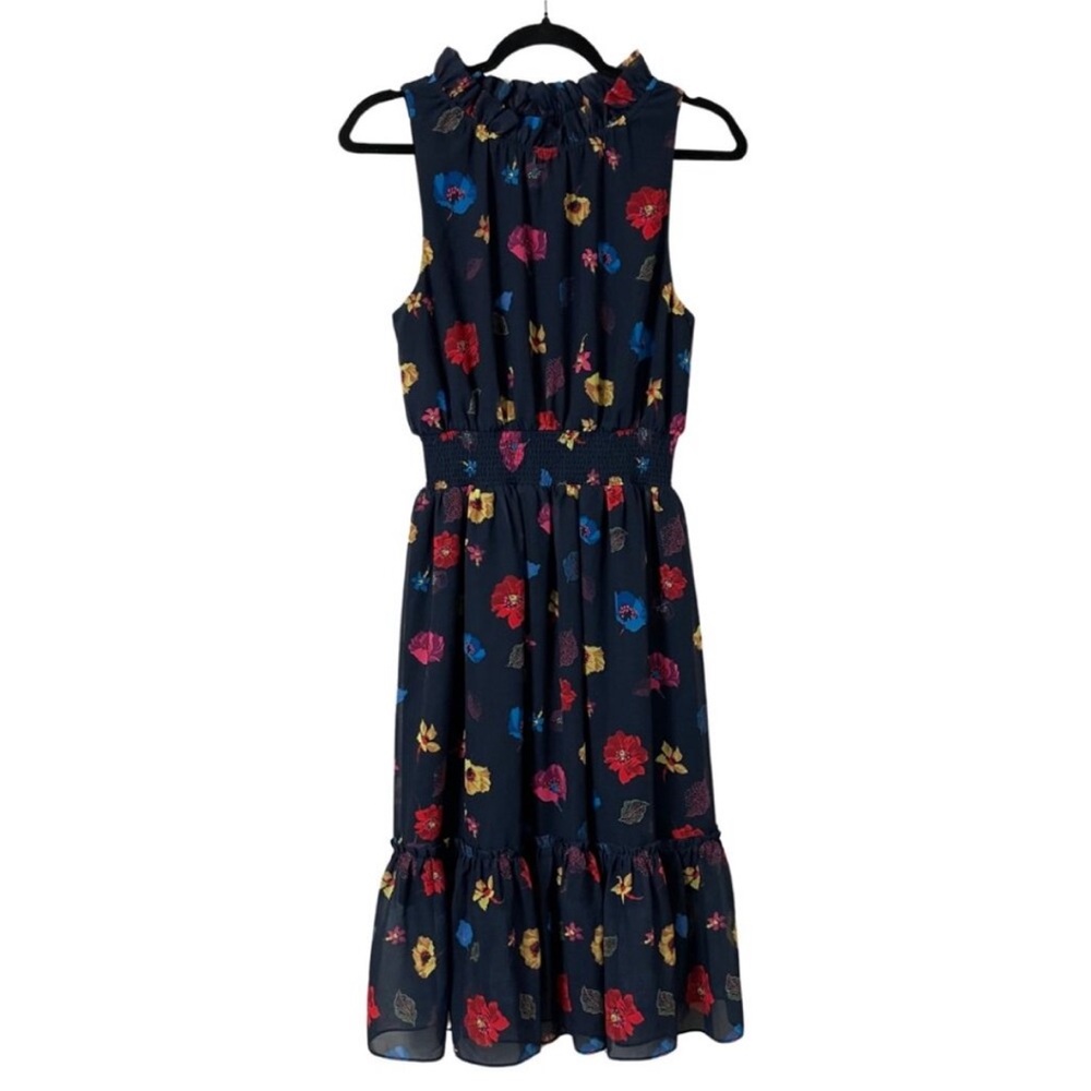 1901 Navy Floral Midi Halter Dress 8 Medium Fun Spring Smocked Waist Ruffles